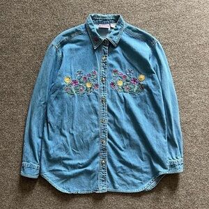 Vintage 90s Long Sleeve Denim Button Down Shirt Embroidered Flowers Granny Core